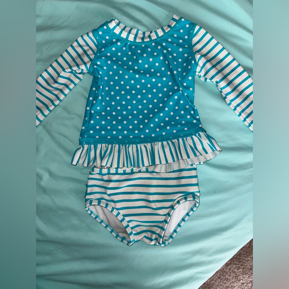 Ruffle Butts Blue and White Rashguard Set with Ruffles